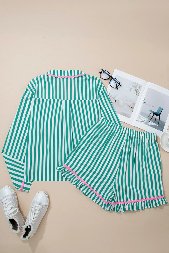 Contrast Ricrac Trim Long Sleeve Shirt Drawstring Ruffled Pajama Short Set – Green Stripe