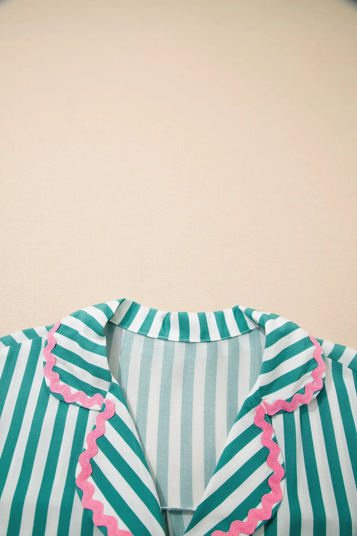 Contrast Ricrac Trim Long Sleeve Shirt Drawstring Ruffled Pajama Short Set – Green Stripe