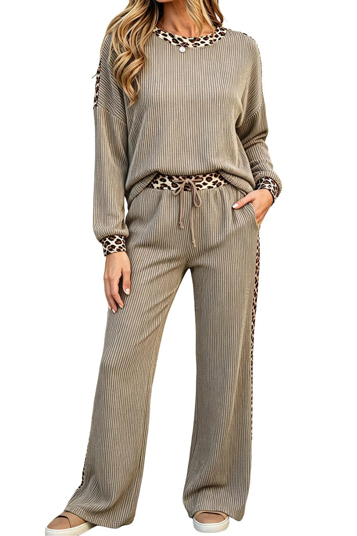 Cozy Ribbed Patchwork Leopard Trim Long Sleeve 2pcs Pant Set – Simply Taupe