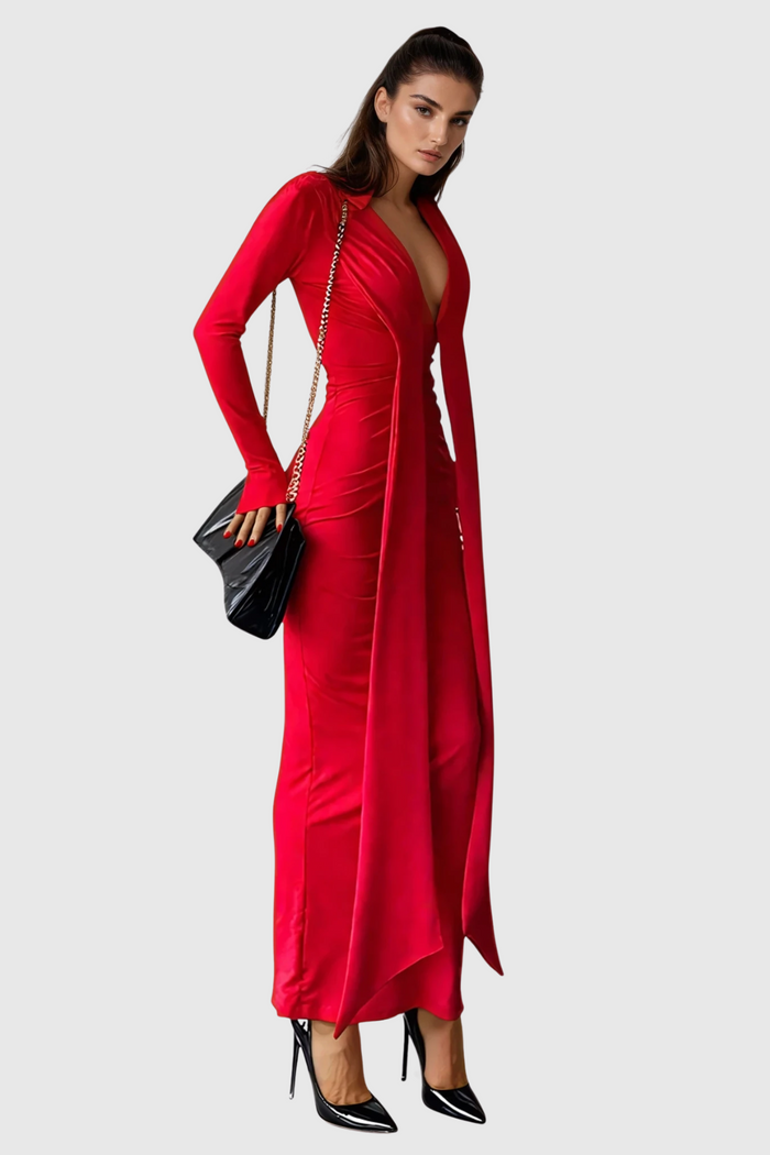 Dand Plunge Fringe Maxi Dress In Red
