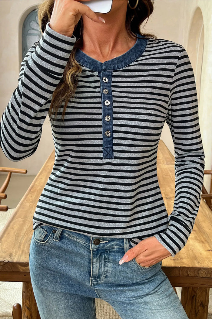 Denim Contrast Collar Half Button Long Sleeve Top – Gray Stripe