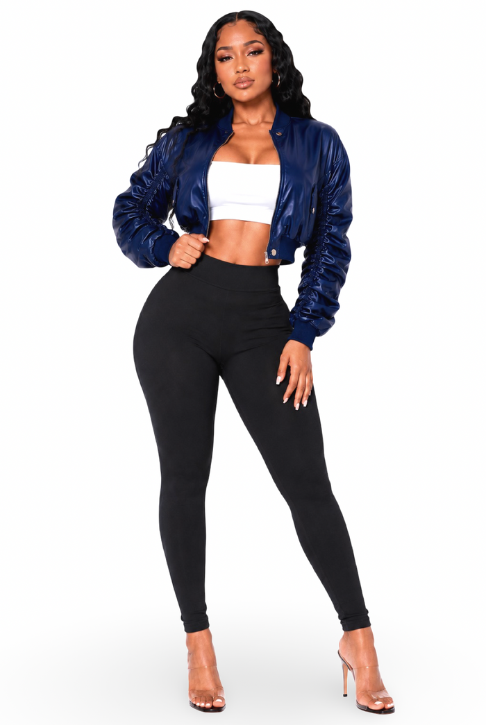 Drea - Women's Bomber Style Long Ruched Detail Sleeves Semi Crop Light Jacket