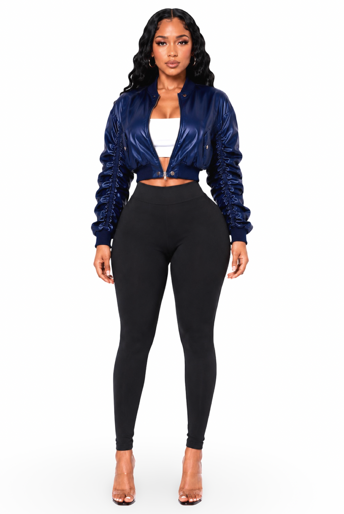 Drea - Women's Bomber Style Long Ruched Detail Sleeves Semi Crop Light Jacket