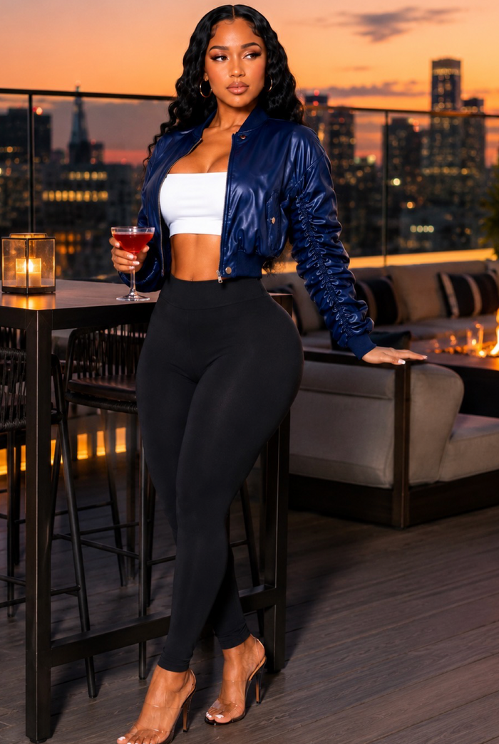 Drea - Women's Bomber Style Long Ruched Detail Sleeves Semi Crop Light Jacket