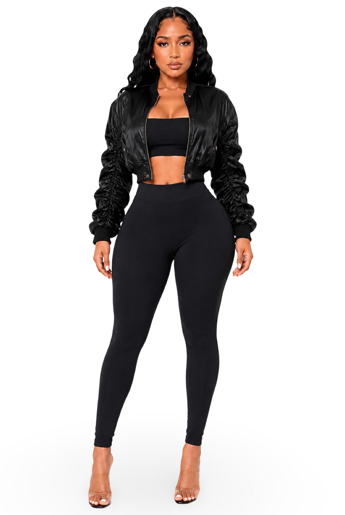 Drea - Women's Bomber Style Long Ruched Detail Sleeves Semi Crop Light Jacket