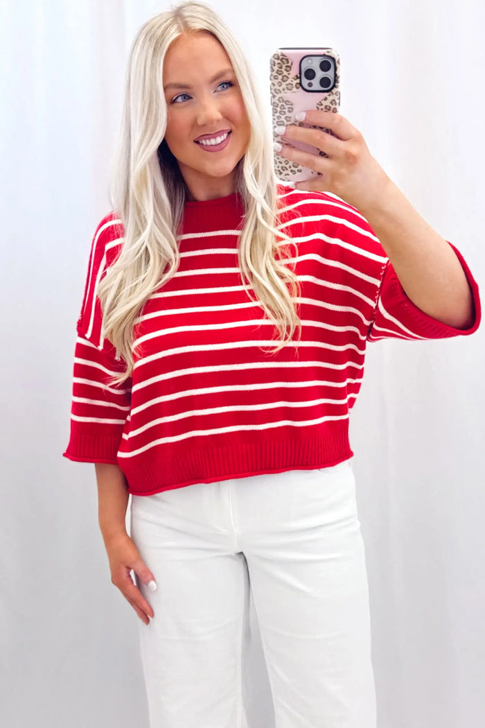 Dropped Shoulder Half Sleeve Relaxed Knit Sweater – Red Stripe