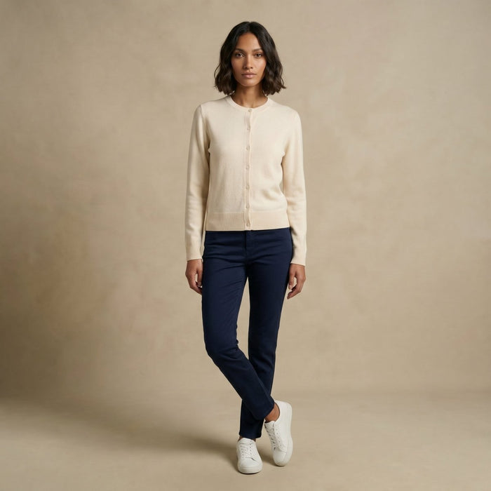 Dunedin Cashmere Woman's 100% Cashmere C Neck Cardigan - Cloud White - Heritage Of Scotland - XS