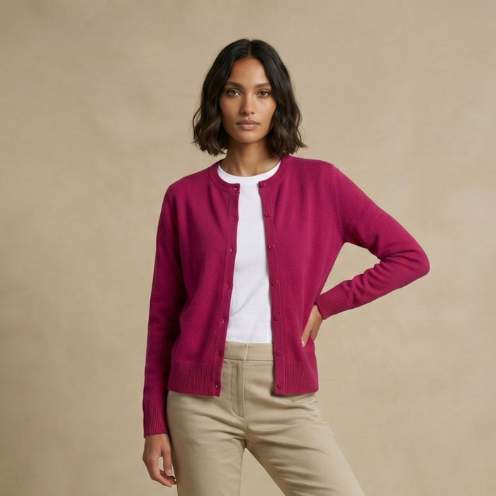 Dunedin Cashmere Woman's 100% Cashmere C Neck Cardigann - Fuchsia - Heritage Of Scotland - XS