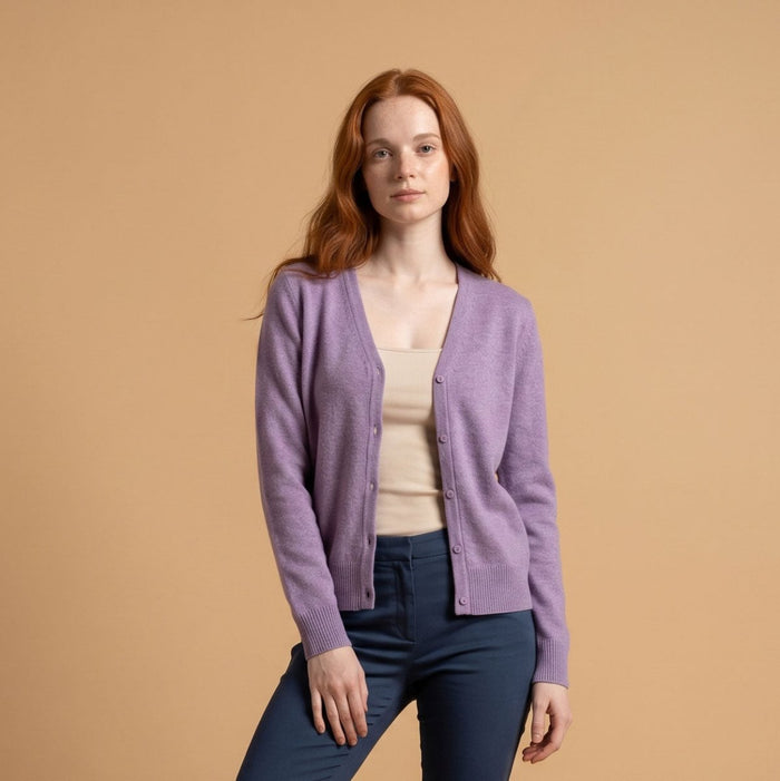 Dunedin Cashmere Woman's 100% Cashmere V Neck Cardigan - Heather - Heritage Of Scotland - XS