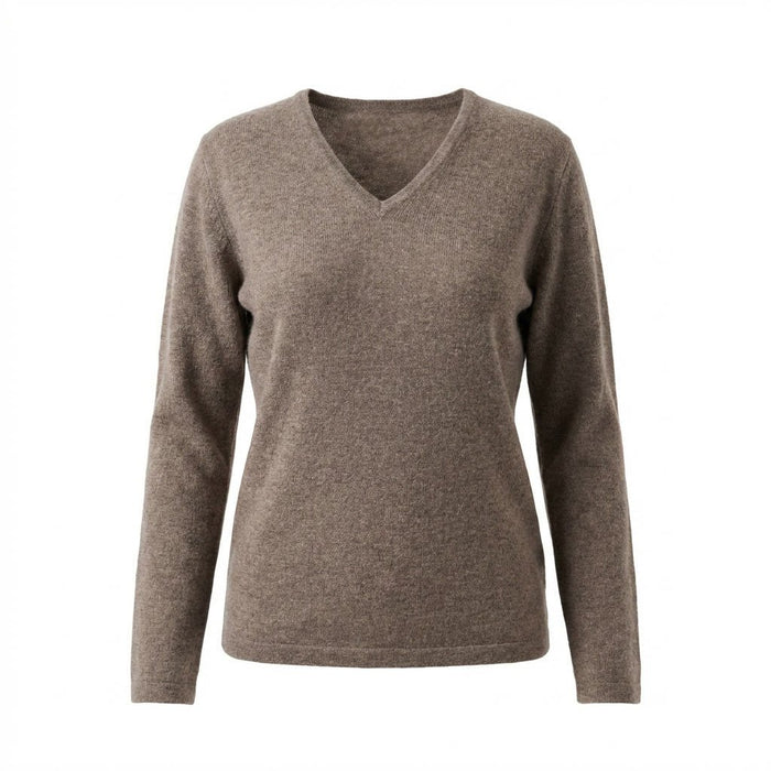100% Cashmere Ladies V Neck VAPER MID BROWN - Heritage Of Scotland - XS