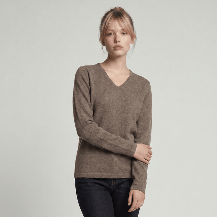 100% Cashmere Ladies V Neck VAPER MID BROWN - Heritage Of Scotland - XS