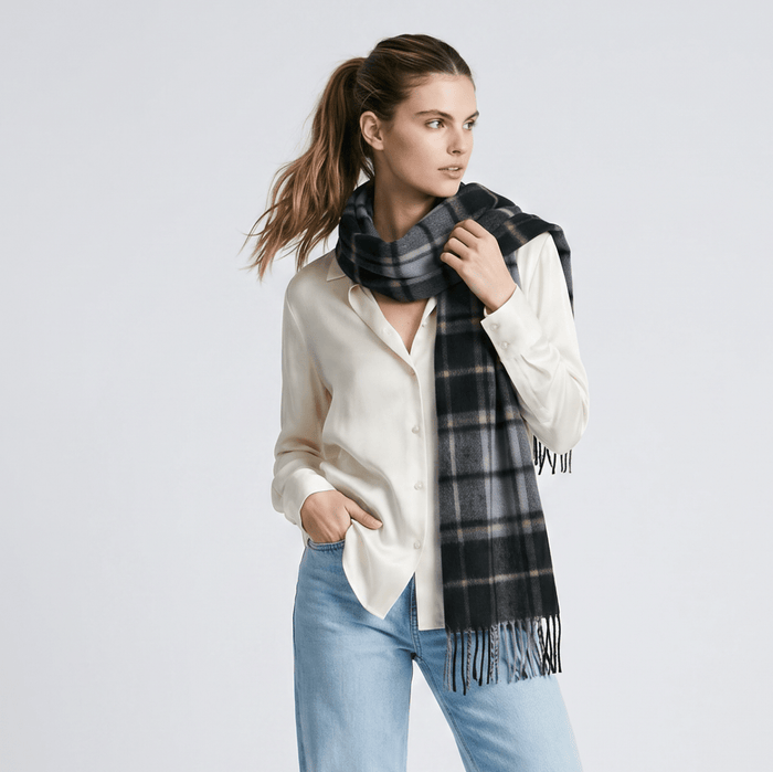 Edinburgh Cashmere Premium Lightweight Scarf - Soft Luxury Wrap - Forrester Black Blue - Heritage Of Scotland -