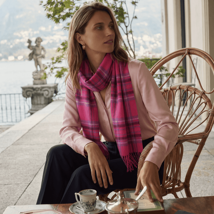 Edinburgh Cashmere Premium Lightweight Scarf - Soft Luxury Wrap - Stewart Bright Pink - Heritage Of Scotland -