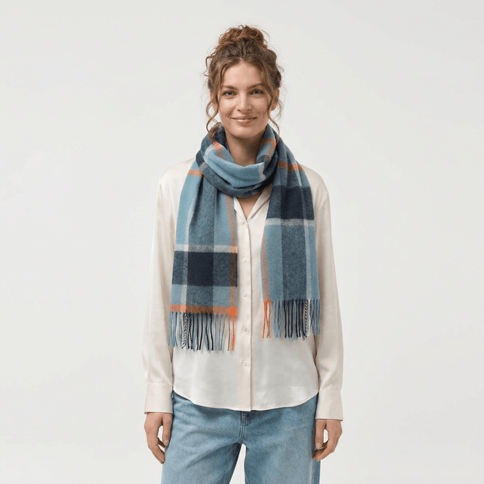 Edinburgh Cashmere Premium Lightweight Scarf - Ultra-Soft Luxury Wrap - Bagshaw Check Blue - Heritage Of Scotland -