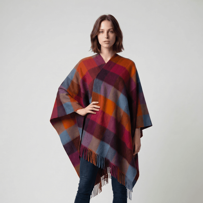 Edinburgh Lambswool Long Tartan Cape - CHECKERS - ORANGE - PINK - Heritage Of Scotland -