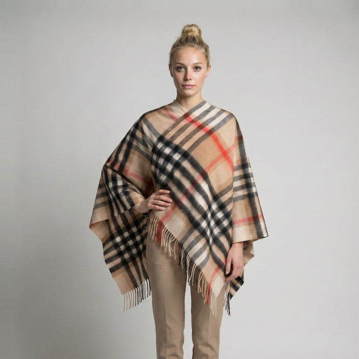 Edinburgh Lambswool Mini Cape – Classic Check Lightweight Wrap - Heritage Of Scotland - CHEQUER CAMEL