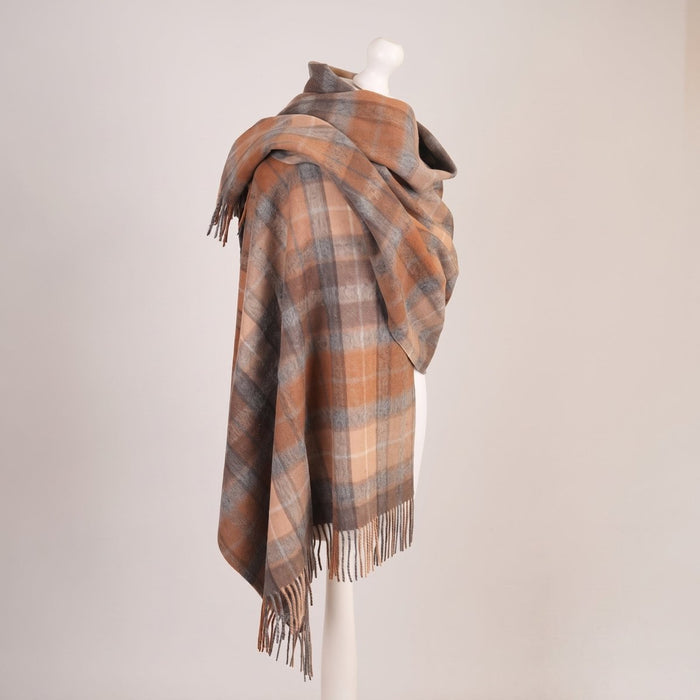 Edinburgh Lambswool Tartan Stole - Soft Luxury Check Wrap with Fringe - Buchanan Natural - Heritage Of Scotland -