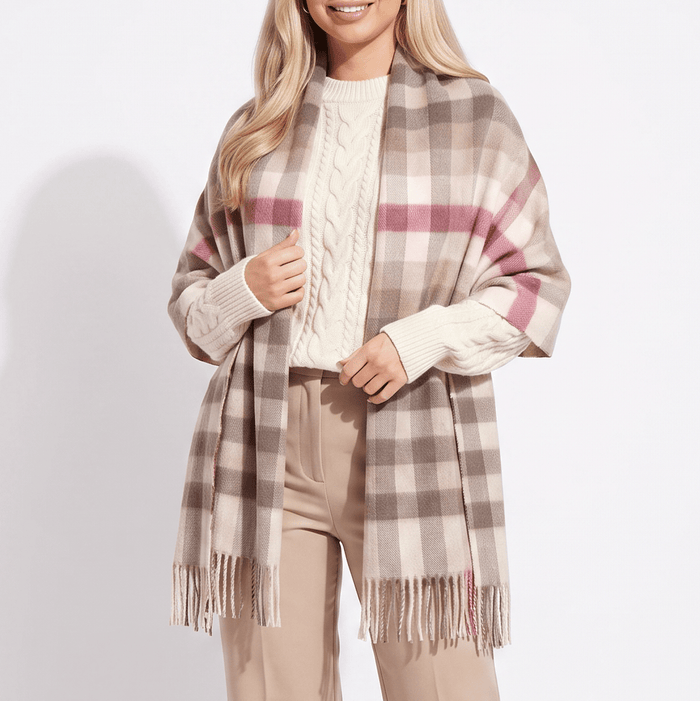 Edinburgh Lambswool Tartan Stole - Soft Luxury Check Wrap with Fringe - Giant Chequer - Pink and Taupe - Heritage Of Scotland -