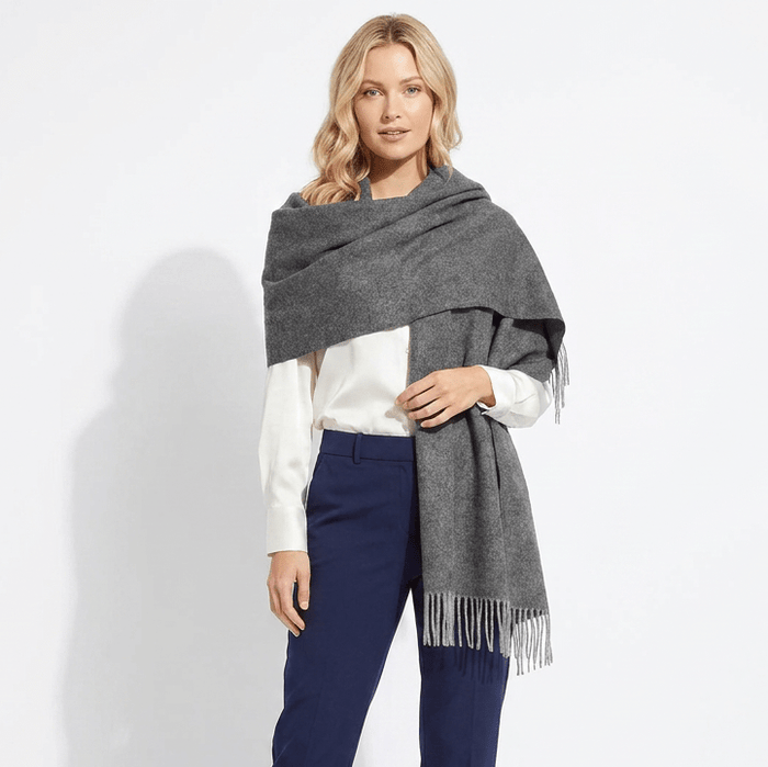 Edinburgh Lambswool Tartan Stole - Soft Luxury Check Wrap with Fringe - Light Grey Charcoal - Heritage Of Scotland -