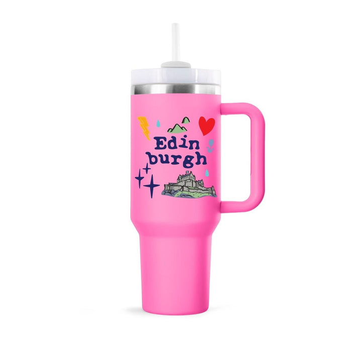 Edinburgh Souvenir 40oz Insulated Cup with Straw - Heritage Of Scotland - RASPBERRY ROSE