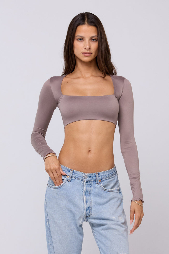 This is an image of Emily Knit Top Taupe - RESA featuring a model wearing the dress