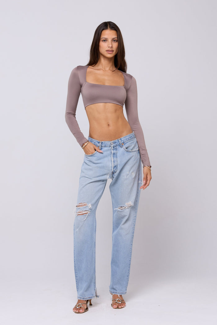 This is an image of Emily Knit Top Taupe - RESA featuring a model wearing the dress