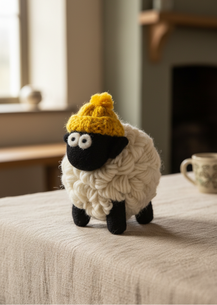 Erin Knitwear Knitted Sheep | Yellow Bobble Hat - Medium