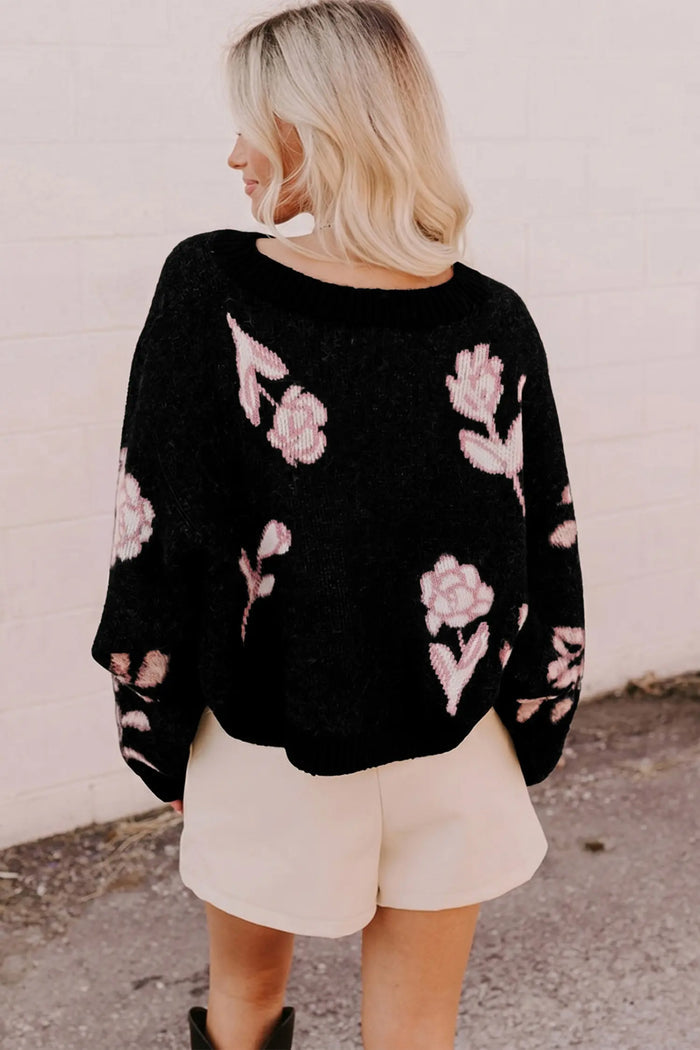 Floral Pattern Puff Sleeve Dropped Shoulder Pullover Sweater – Black