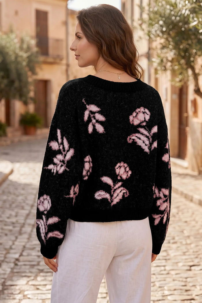Floral Pattern Puff Sleeve Dropped Shoulder Pullover Sweater – Black