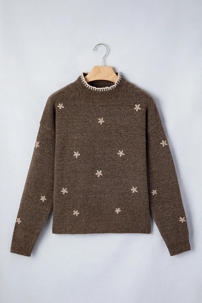 Floral Print High Neck Long Sleeve Sweater – Chicory Coffee