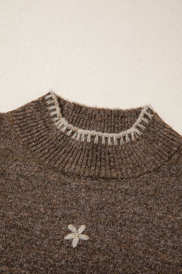 Floral Print High Neck Long Sleeve Sweater – Chicory Coffee
