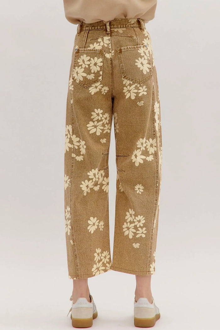 Floral Print Metal Button Pleated Straight Leg Jeans – Khaki