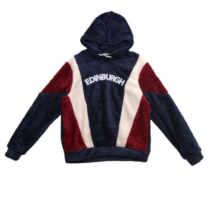 Fluffy Scotland Hoodie Navy Red – Soft Sherpa Fleece Edinburgh Hoody - Heritage Of Scotland - XS