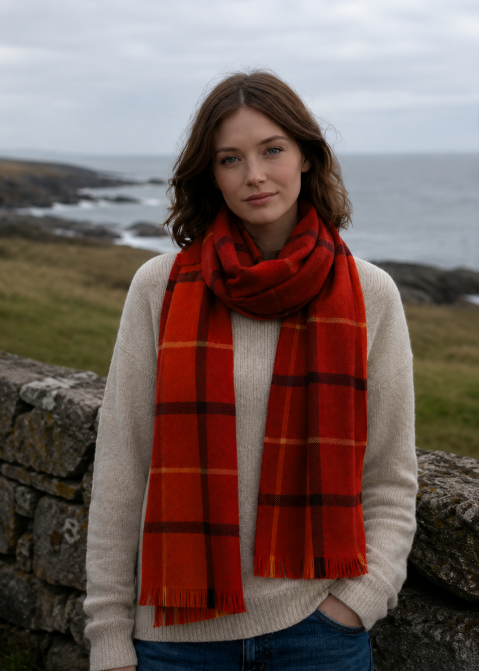 Foxford Giant Merino Scarf | Orange Rust Check