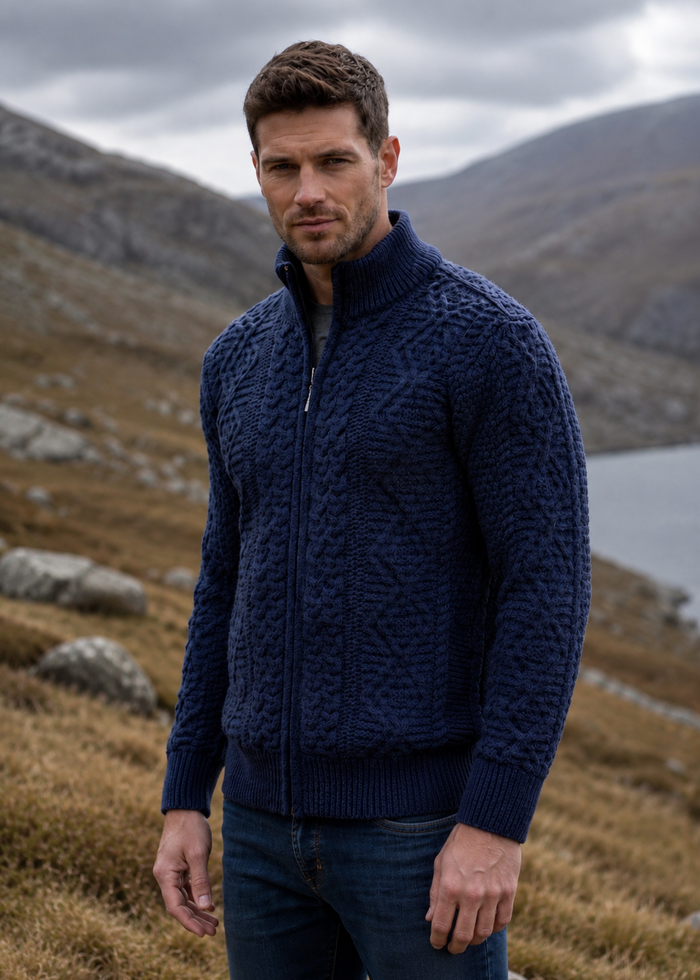 Full Zip Mens Merino Wool Aran Cardigan | DWB