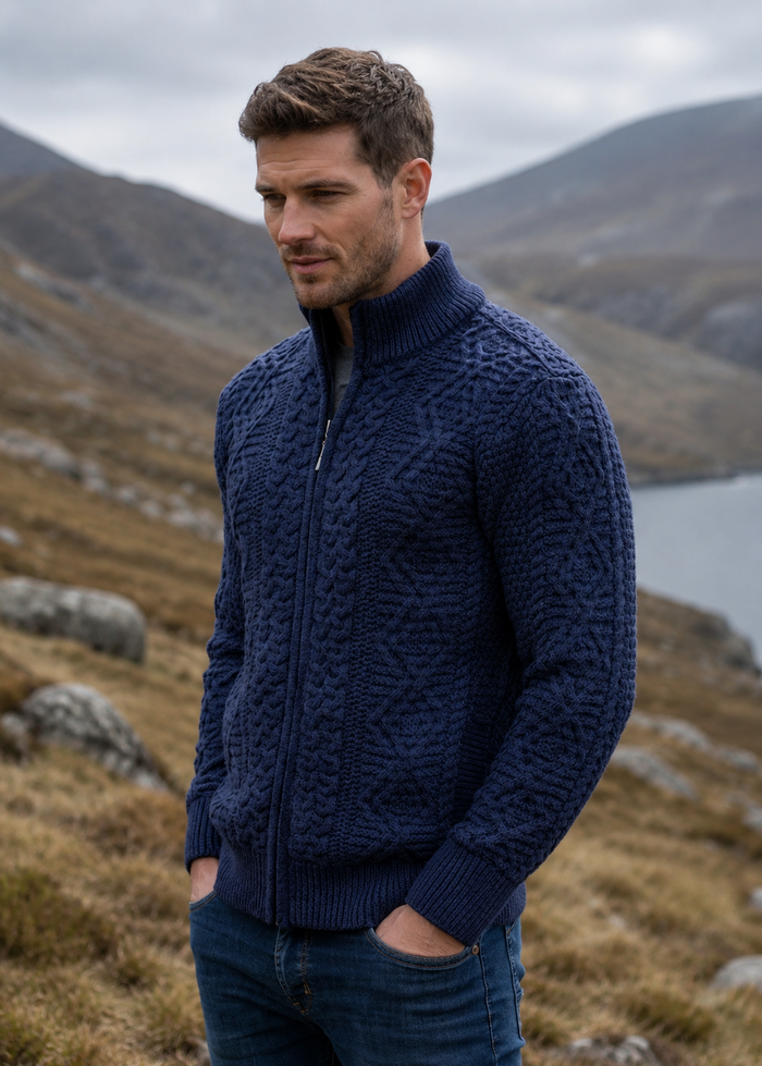 Full Zip Mens Merino Wool Aran Cardigan | DWB