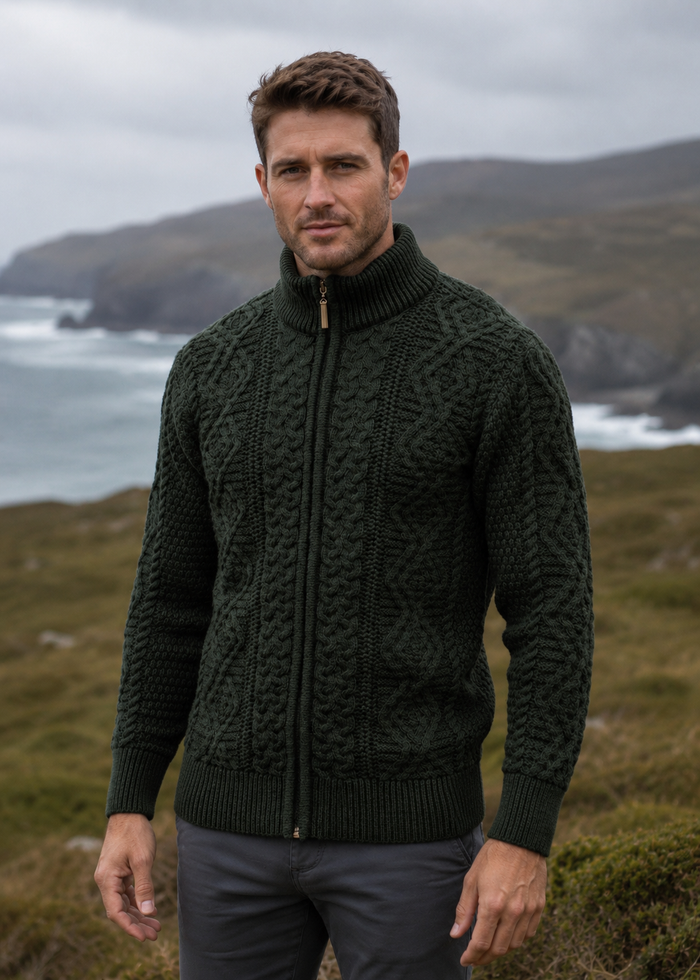 Full Zip Mens Merino Wool Aran Cardigan | Green
