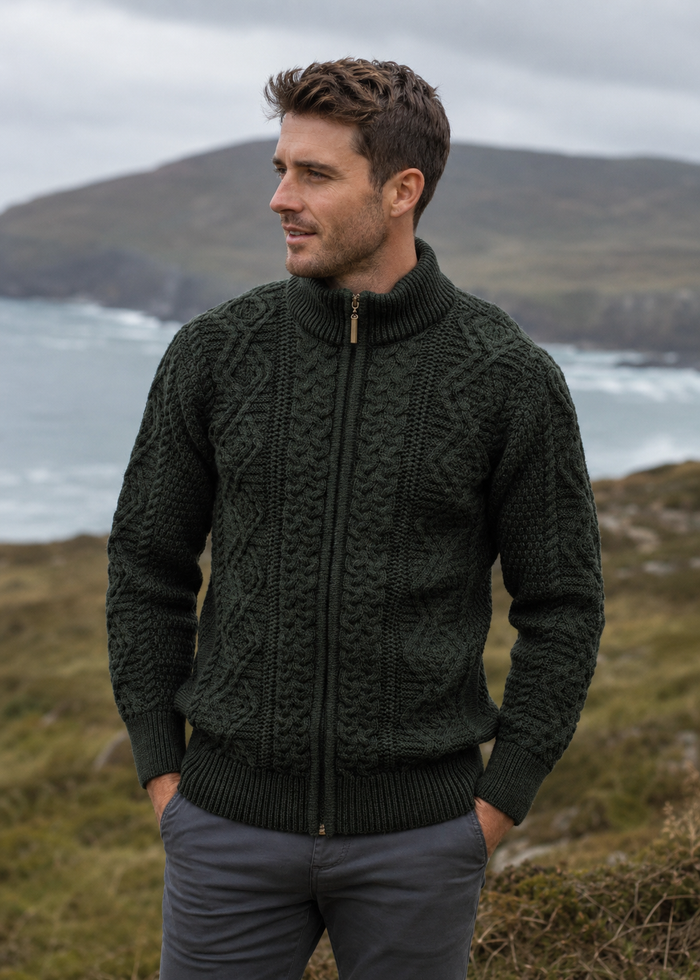 Full Zip Mens Merino Wool Aran Cardigan | Green