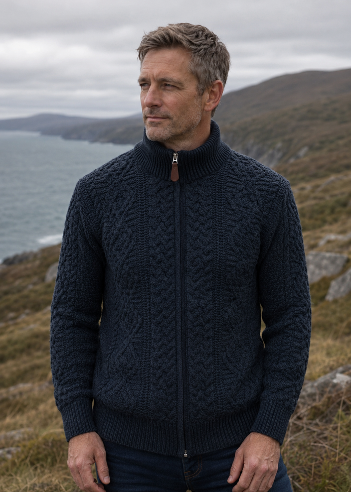 Full Zip Mens Merino Wool Aran Cardigan | Navy Green - Clearance