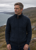 Full Zip Mens Merino Wool Aran Cardigan | Navy Green - Clearance