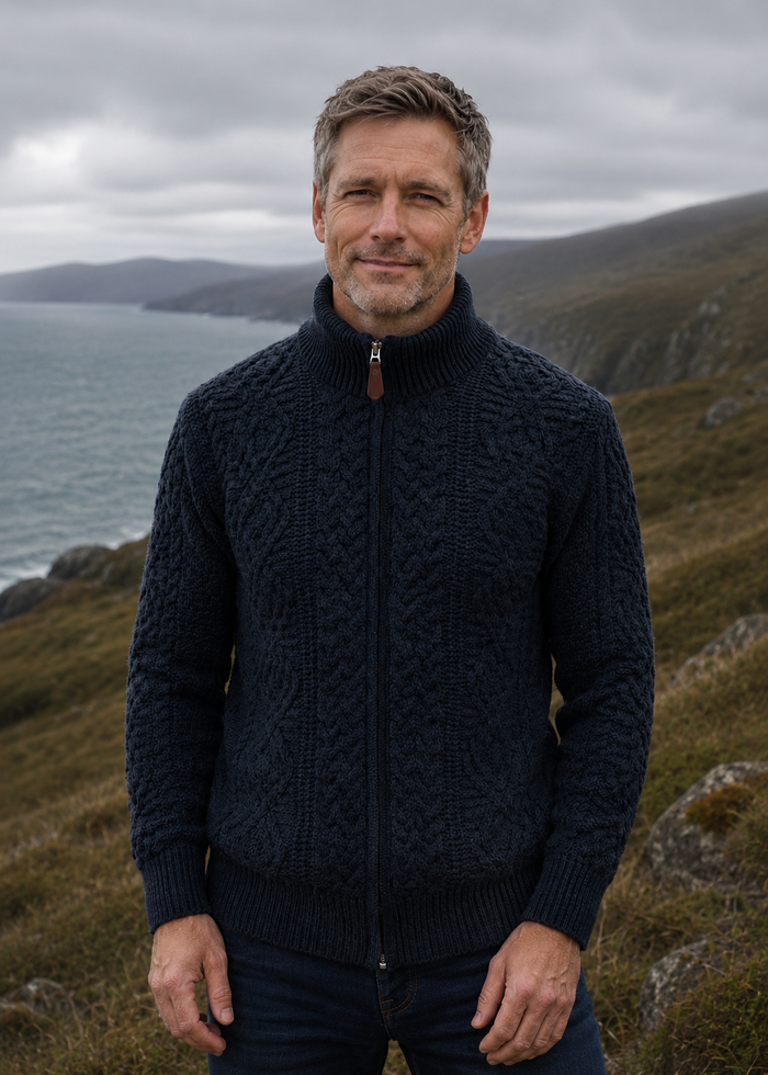 Full Zip Mens Merino Wool Aran Cardigan | Navy Green - Clearance