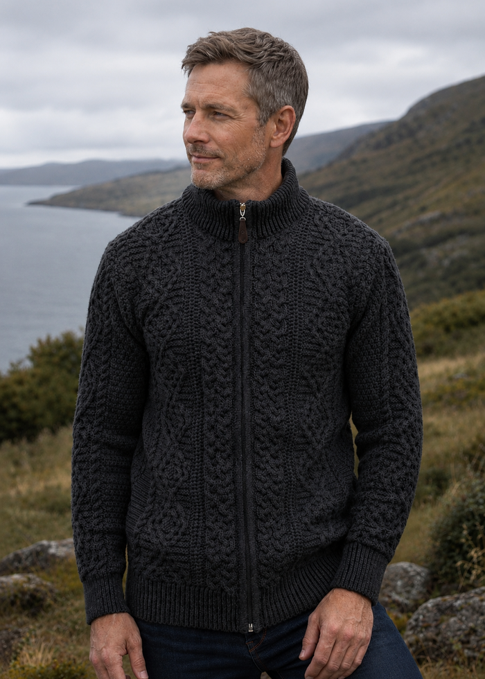 Full Zip Mens Merino Wool Aran Cardigan | Slate