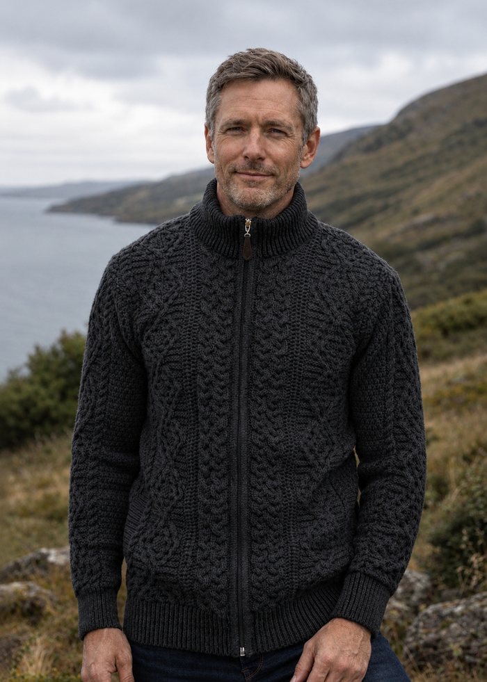 Full Zip Mens Merino Wool Aran Cardigan | Slate