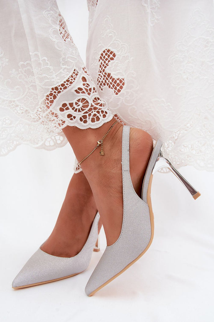 Silvera grey glitter heels side view