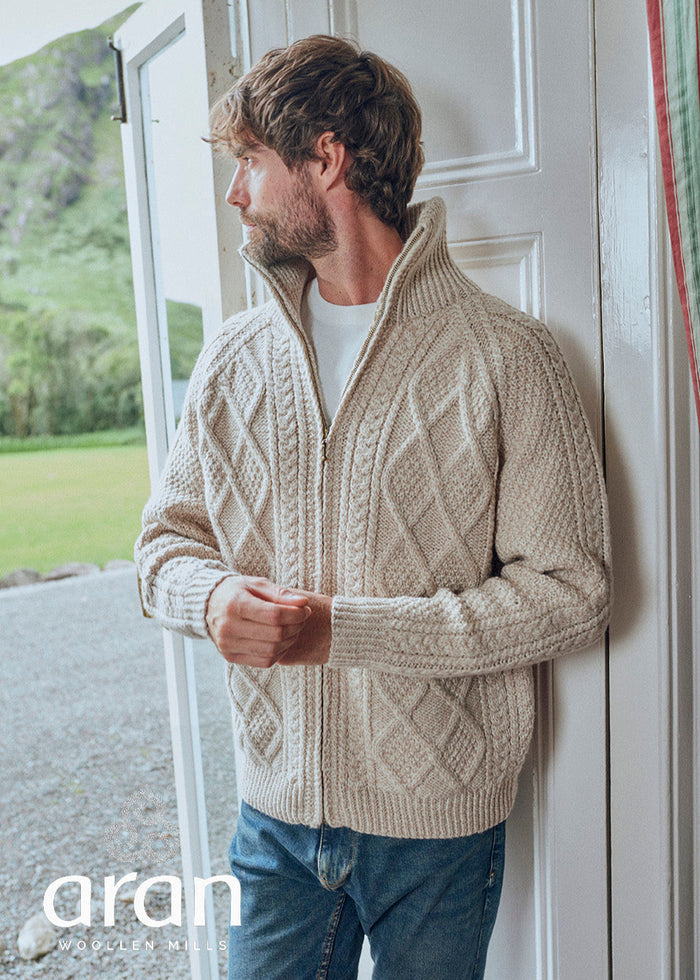 Handknit Men's Aran Cardigan | Oatmeal