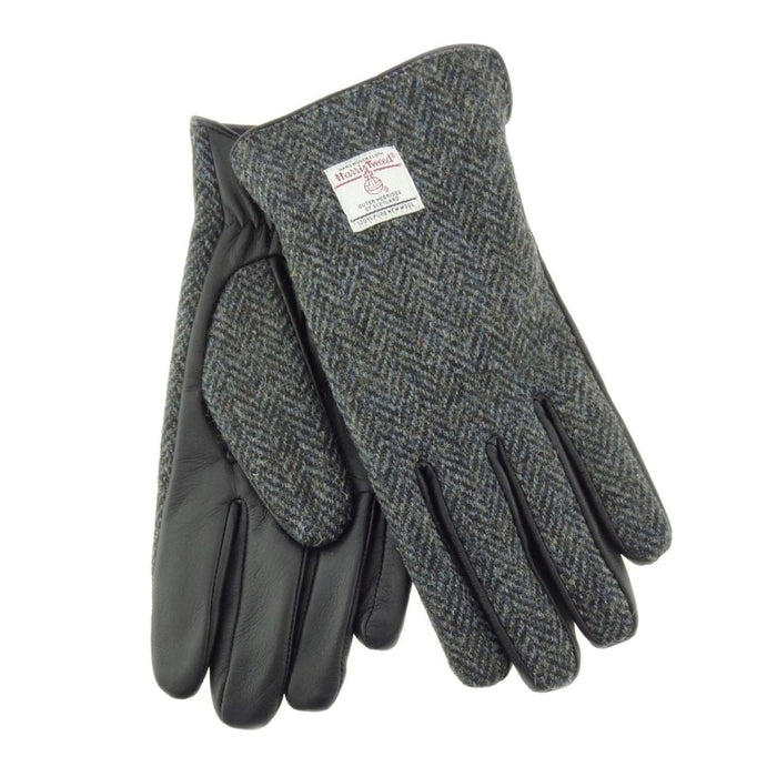 Harris Tweed & Black Leather Men’s Gloves – Luxury Boxed Gift in Charcoal Herringbone (COL001) - Heritage Of Scotland - L