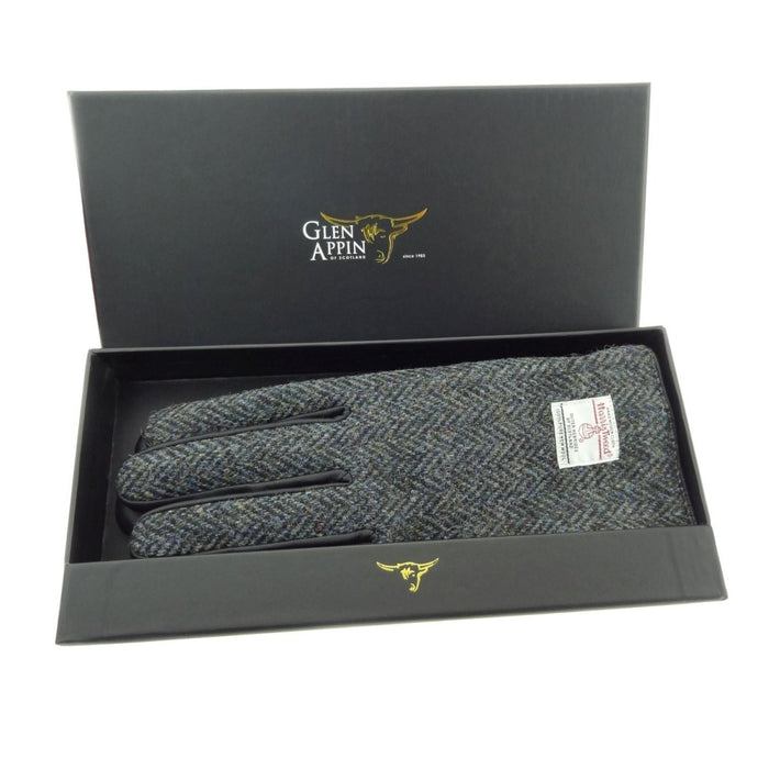 Harris Tweed & Black Leather Men’s Gloves – Luxury Boxed Gift in Charcoal Herringbone (COL001) - Heritage Of Scotland - L