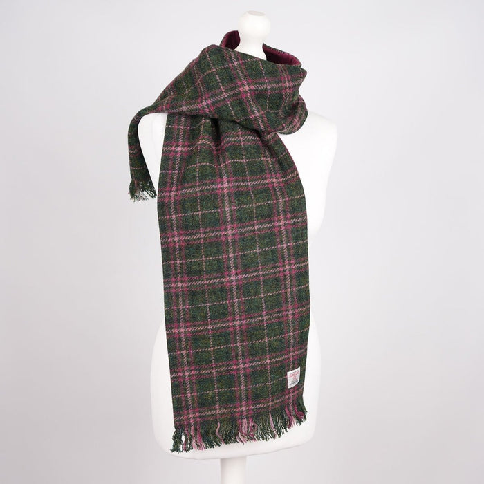 Harris Tweed Fringed Scarf with Fleece Back - Dark Green & Plum Check - Heritage Of Scotland -