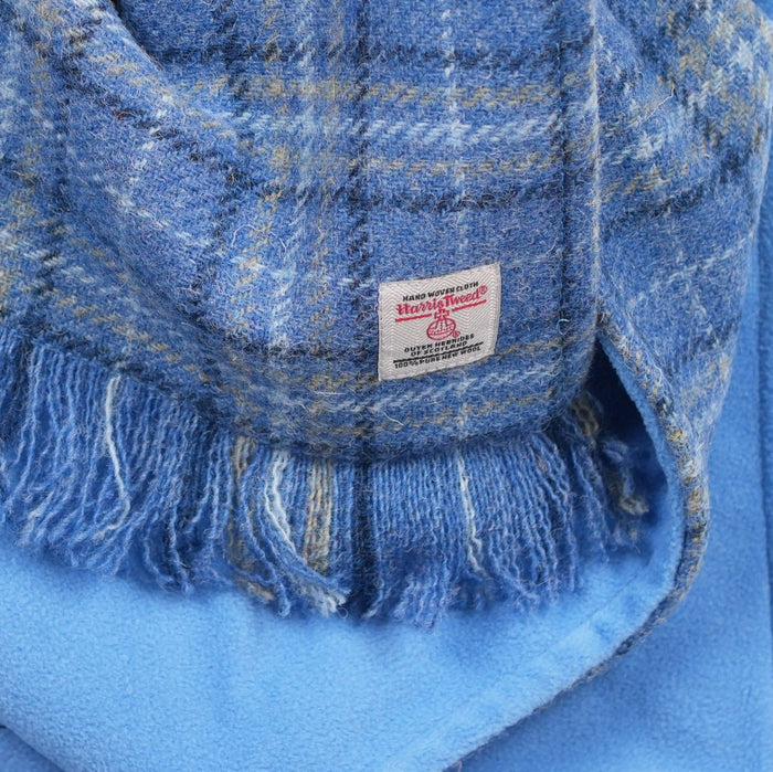 Harris Tweed Fringed Scarf with Fleece Back - Light Blue Check - Heritage Of Scotland -