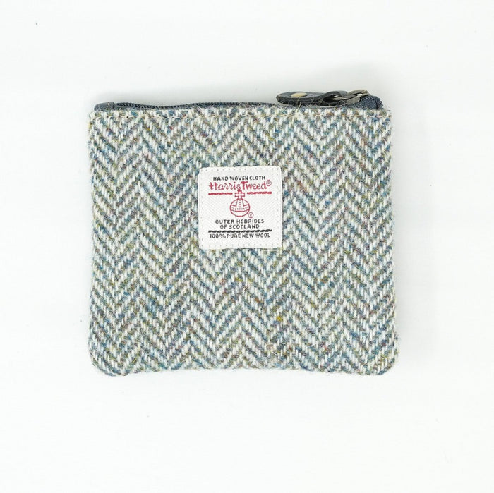 Harris Tweed Leather Coin Purse – Authentic Scottish Zip Wallet - Heritage Of Scotland - GREEN & BROWN HERRINGBONE / BLUE